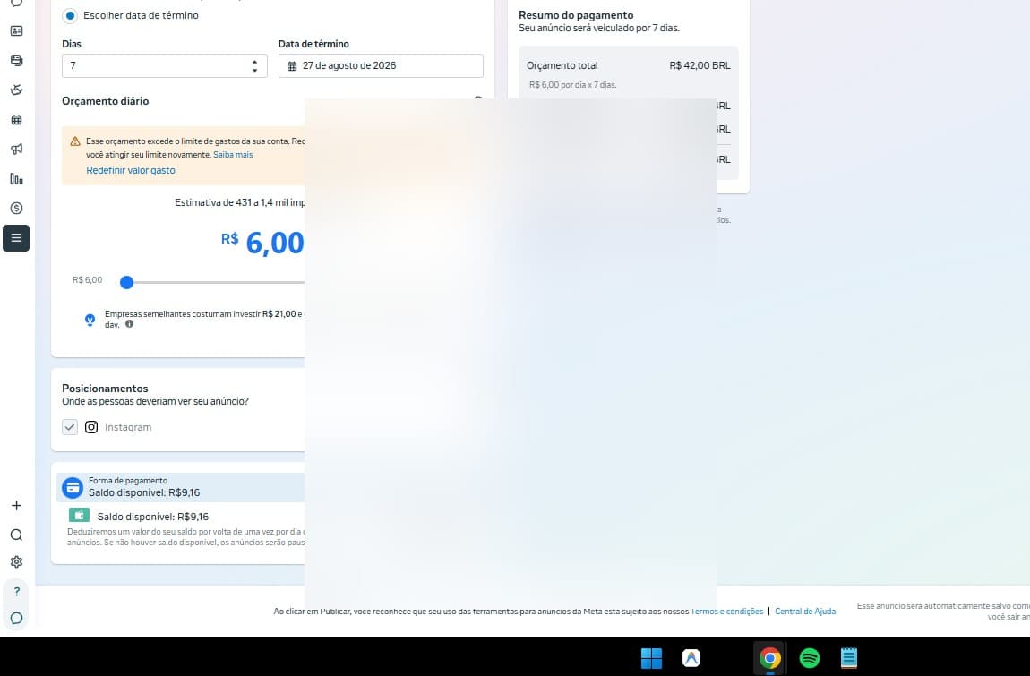 Resumo final do anúncio, confirmação de posicionamento e botão Publicar no Meta Business Suite