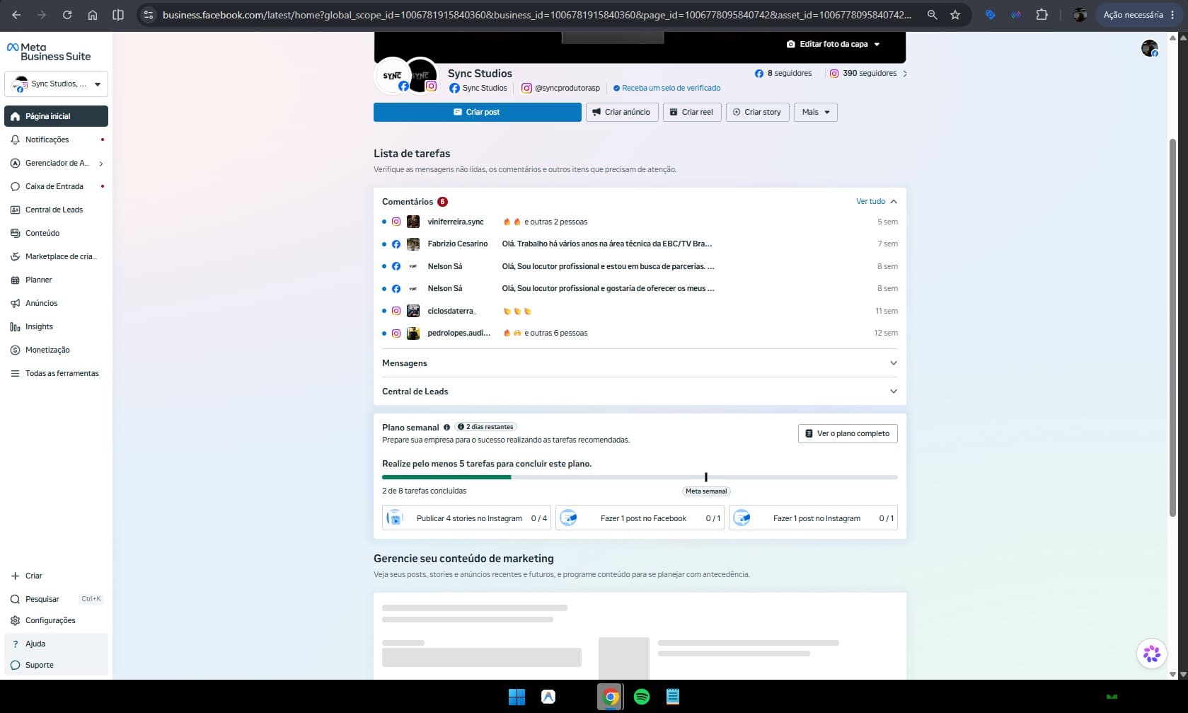 Menu lateral do Meta Business Suite com a opção Conteúdo em destaque