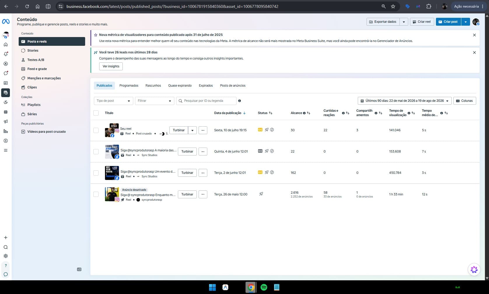 Lista de publicações no Meta Business Suite com o botão Turbinar