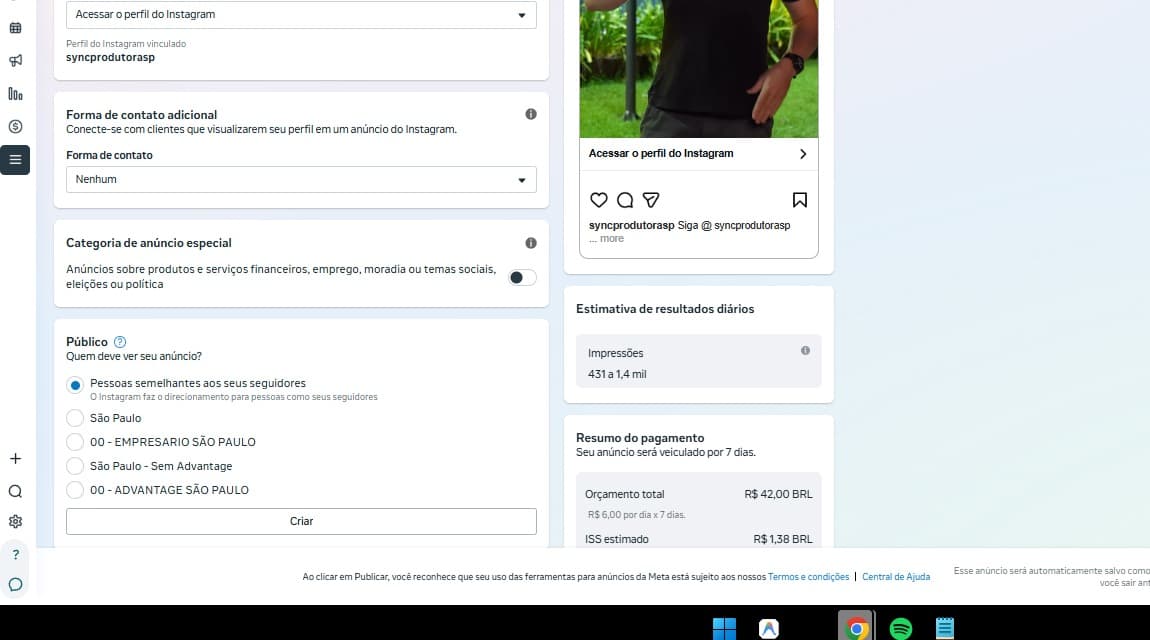 Painel do Meta Business Suite com seções de Criativo Advantage+ e Público