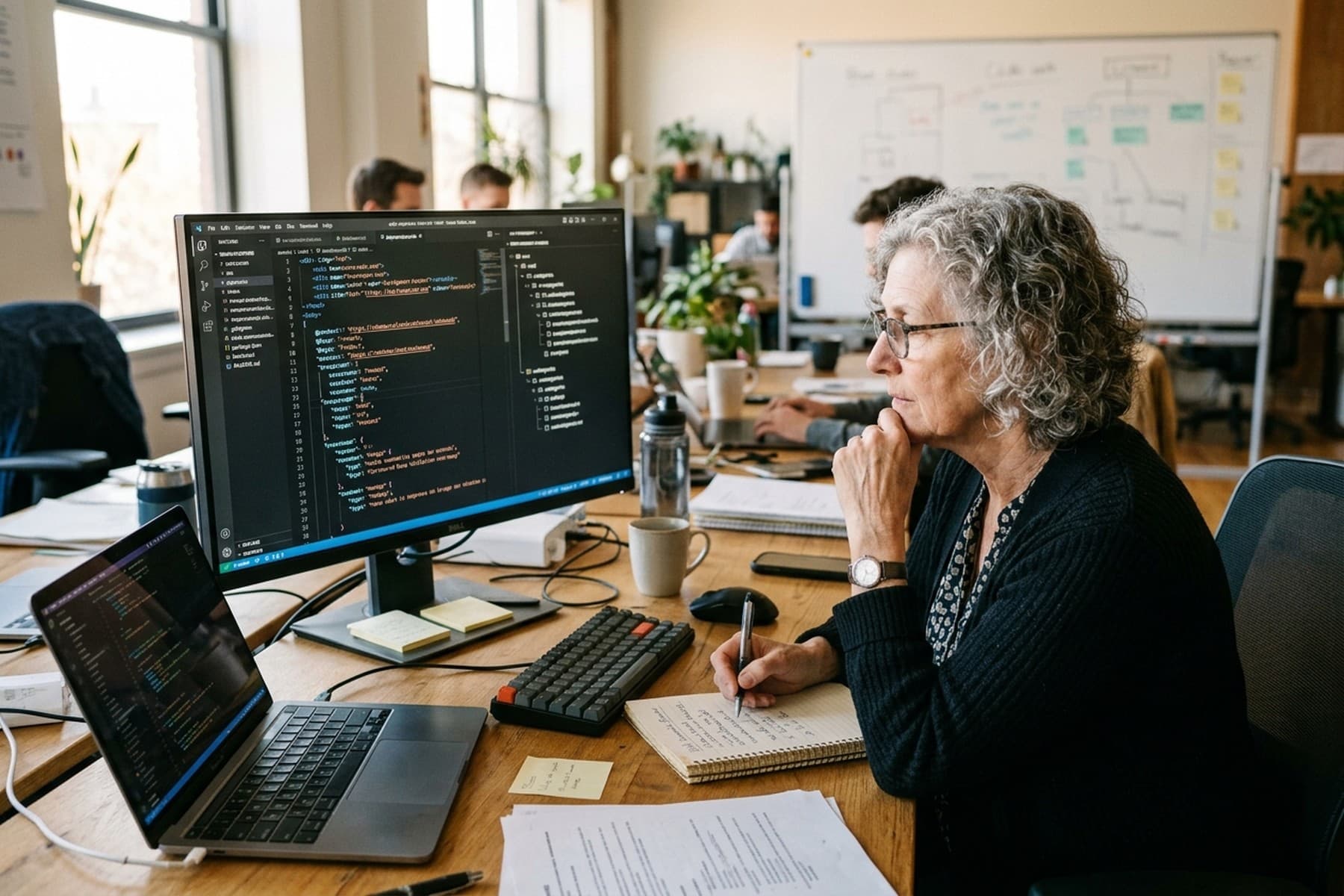 Montadora refinando narrativa e cortes finos em monitor de alta resolução