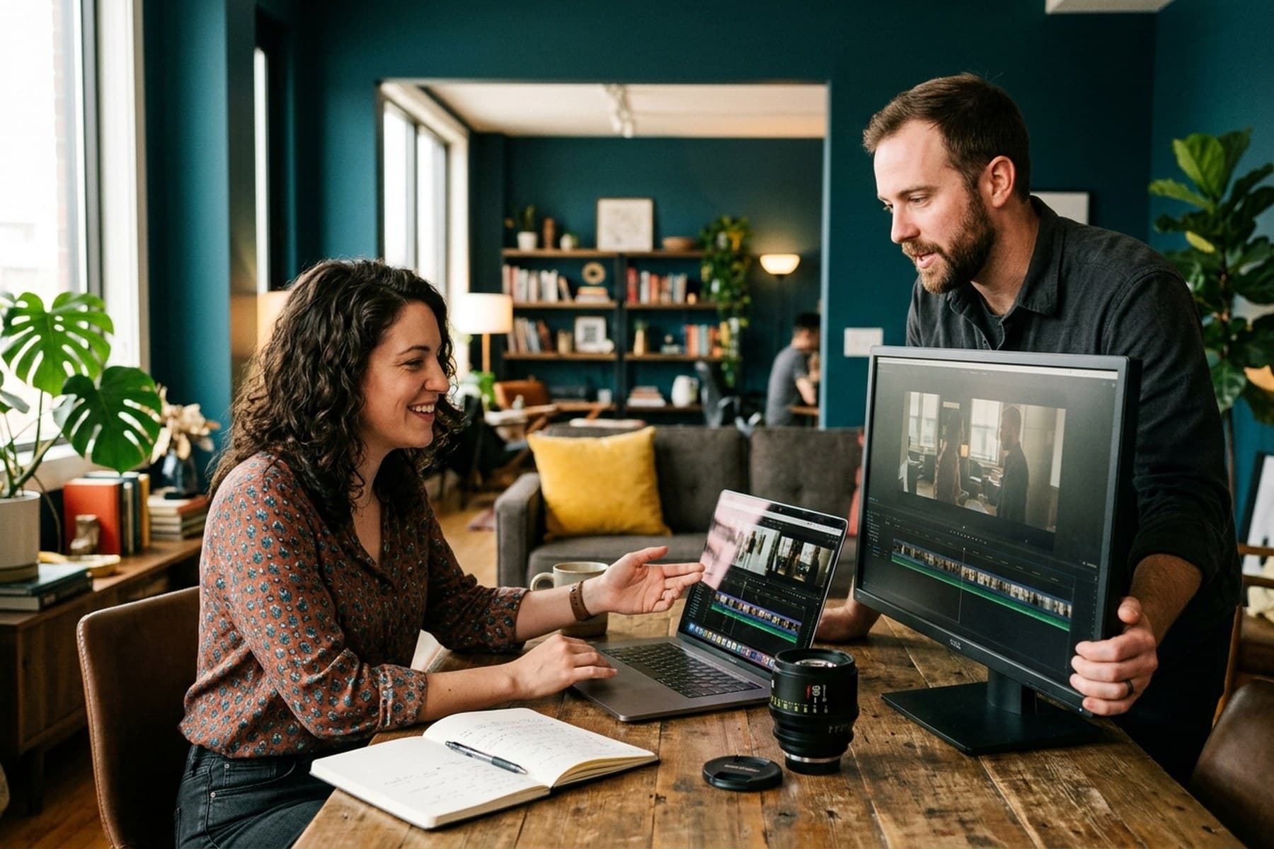 Profissionais revisando juntos um material audiovisual em monitor e notebook