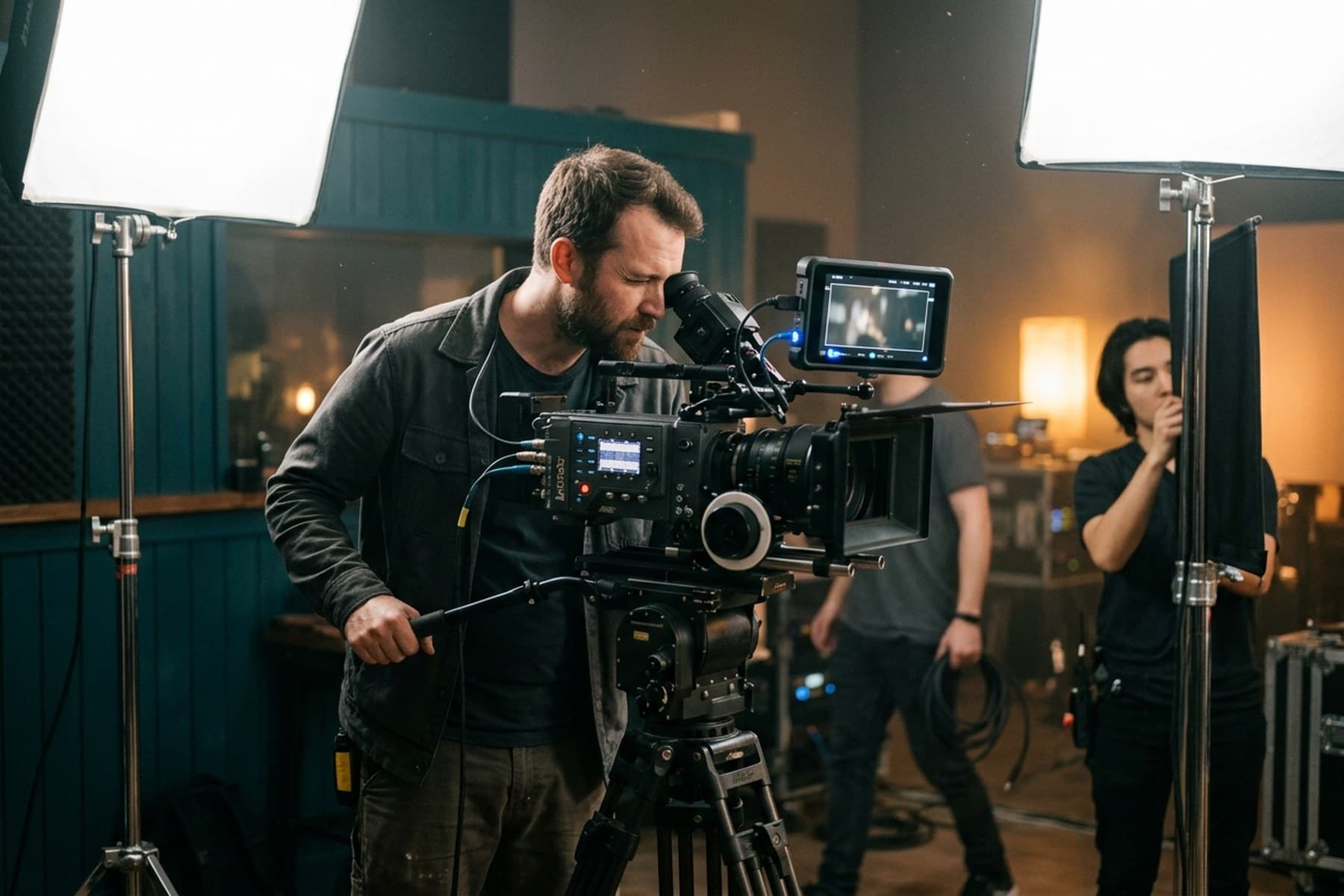 Diretor de fotografia operando uma câmera em um set de produção audiovisual