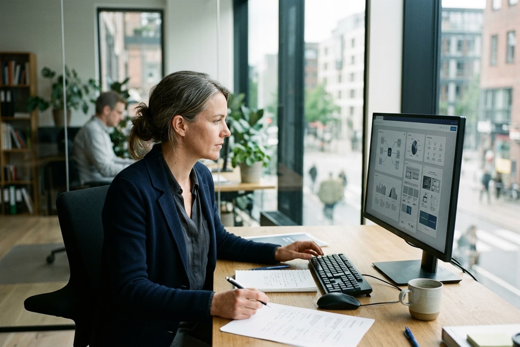 Estrategista de marketing em mesa de trabalho organizando informações e presença digital da empresa