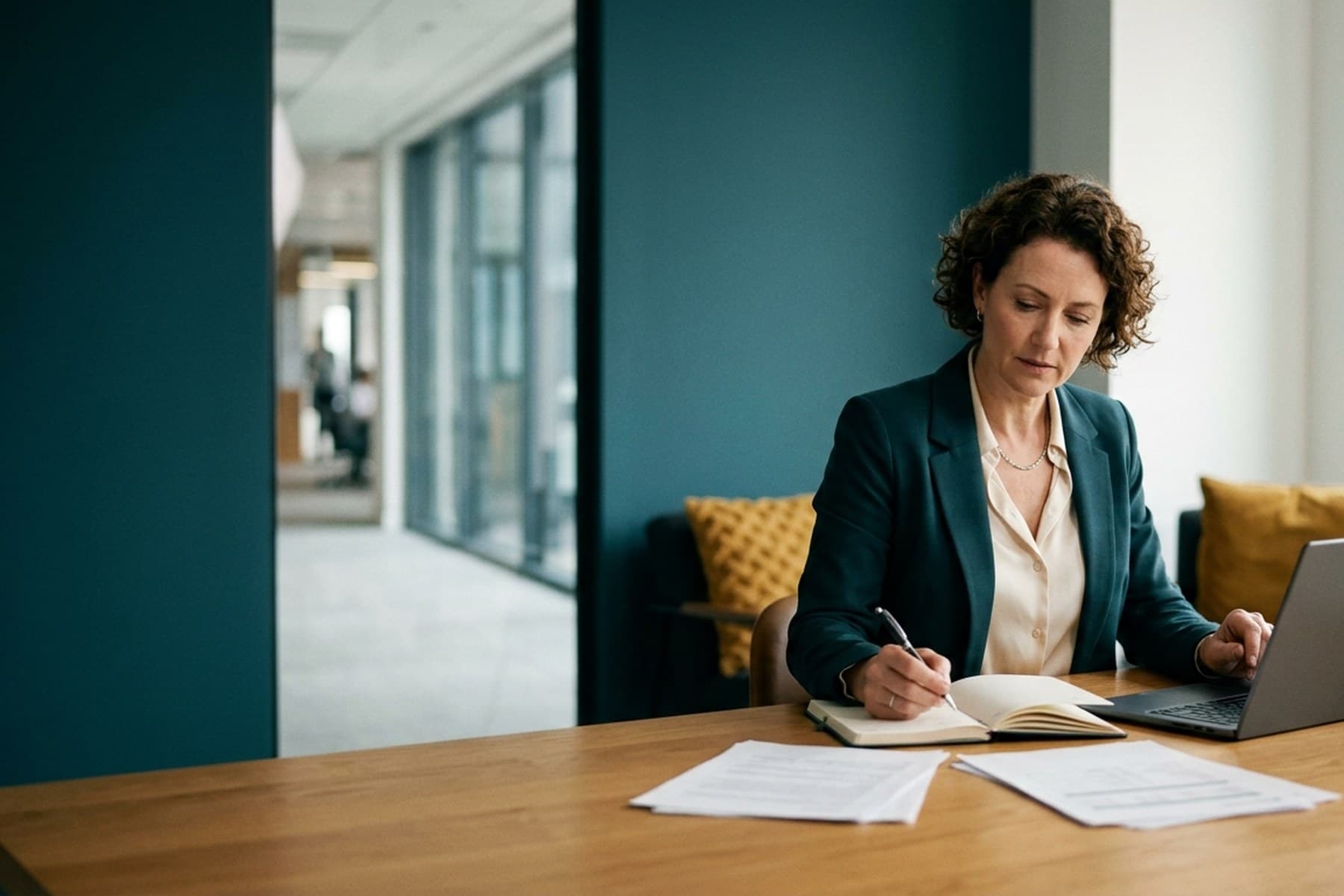 Ambiente de trabalho corporativo contemporâneo com foco em planejamento e estrutura digital