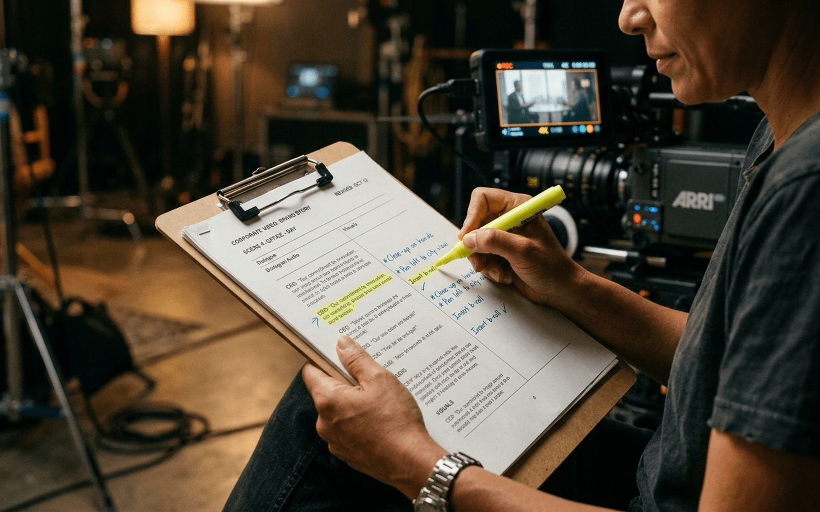 Câmera de cinema profissional em set de gravação corporativo com equipe técnica ao fundo