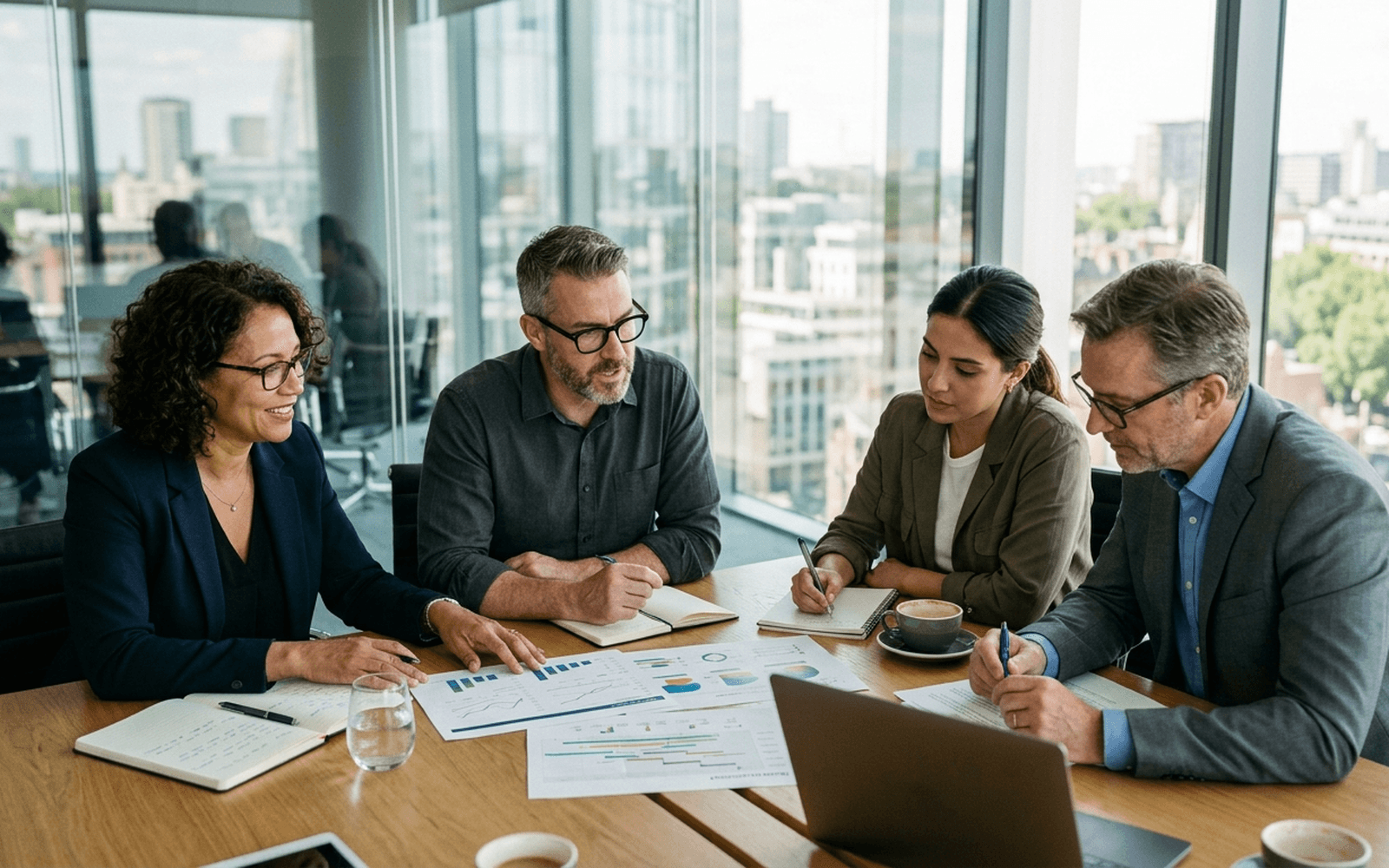 Estrategista de marketing desenhando matriz de planejamento em quadro branco corporativo