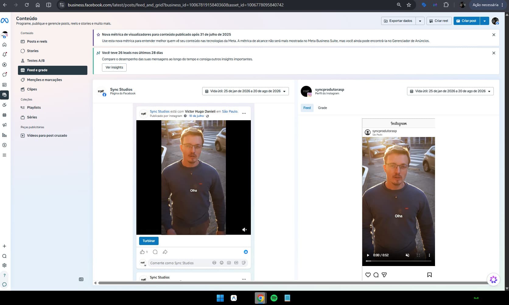 Área Conteúdo com a opção Feed e grade selecionada no Meta Business Suite