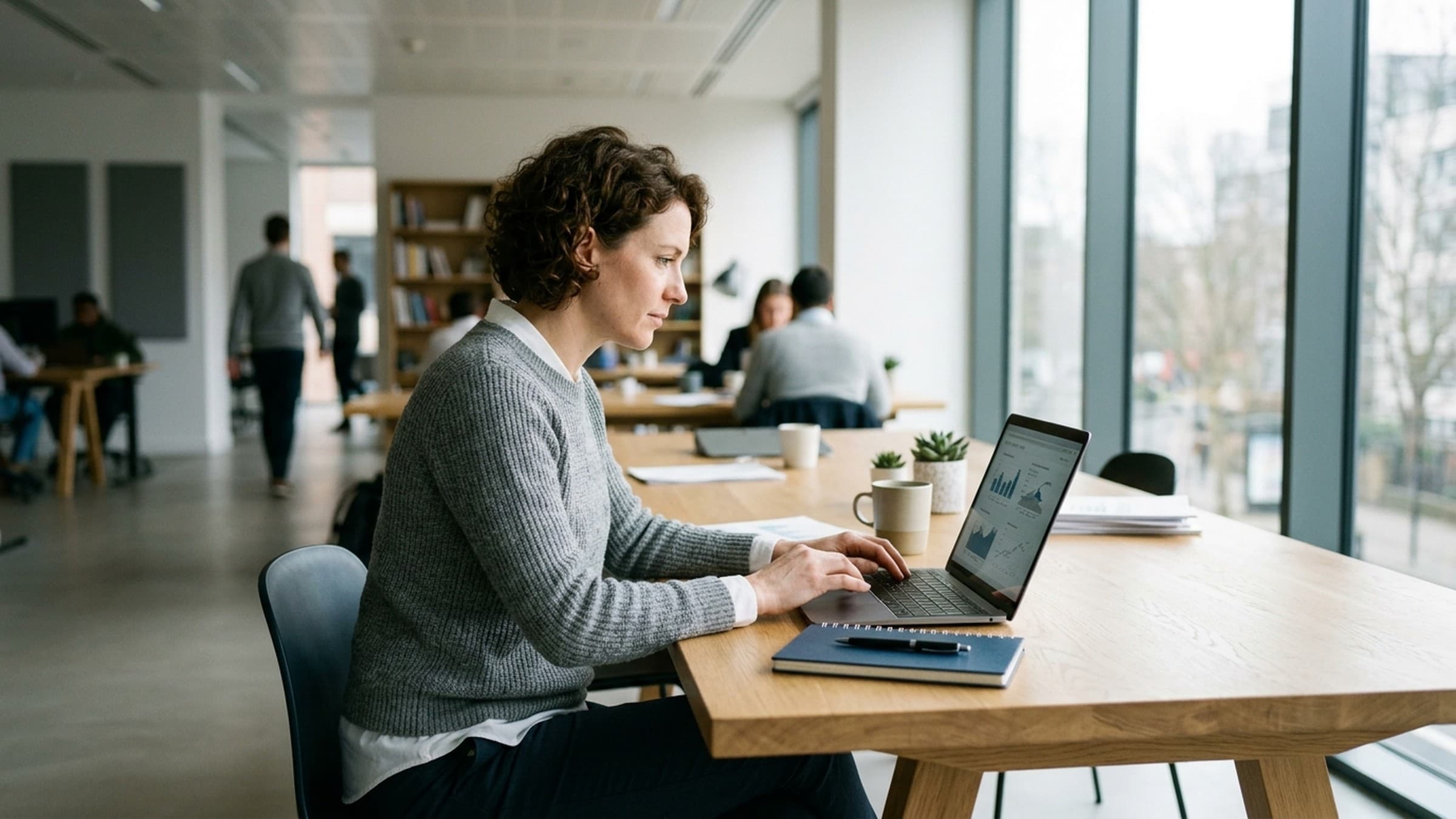 Diretora de marketing em escritório contemporâneo analisando métricas e fluxos estratégicos em laptop sob luz natural