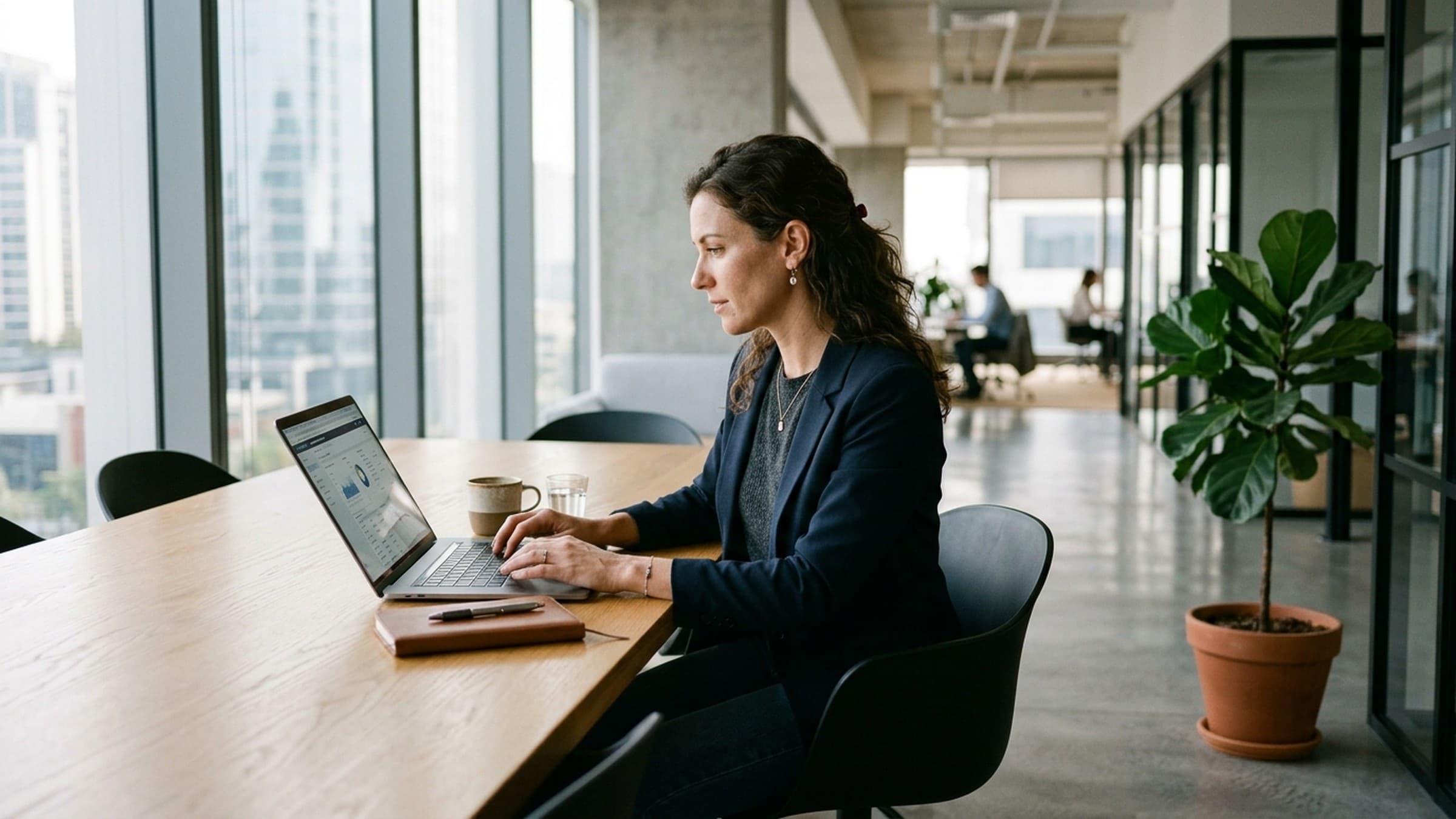 Executiva em escritório contemporâneo pesquisando informações corporativas em laptop sob luz natural